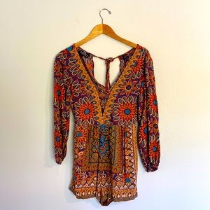 Angie Floral Boho Hippie Romper Long Sleeve Women's Small Festival Multicolor